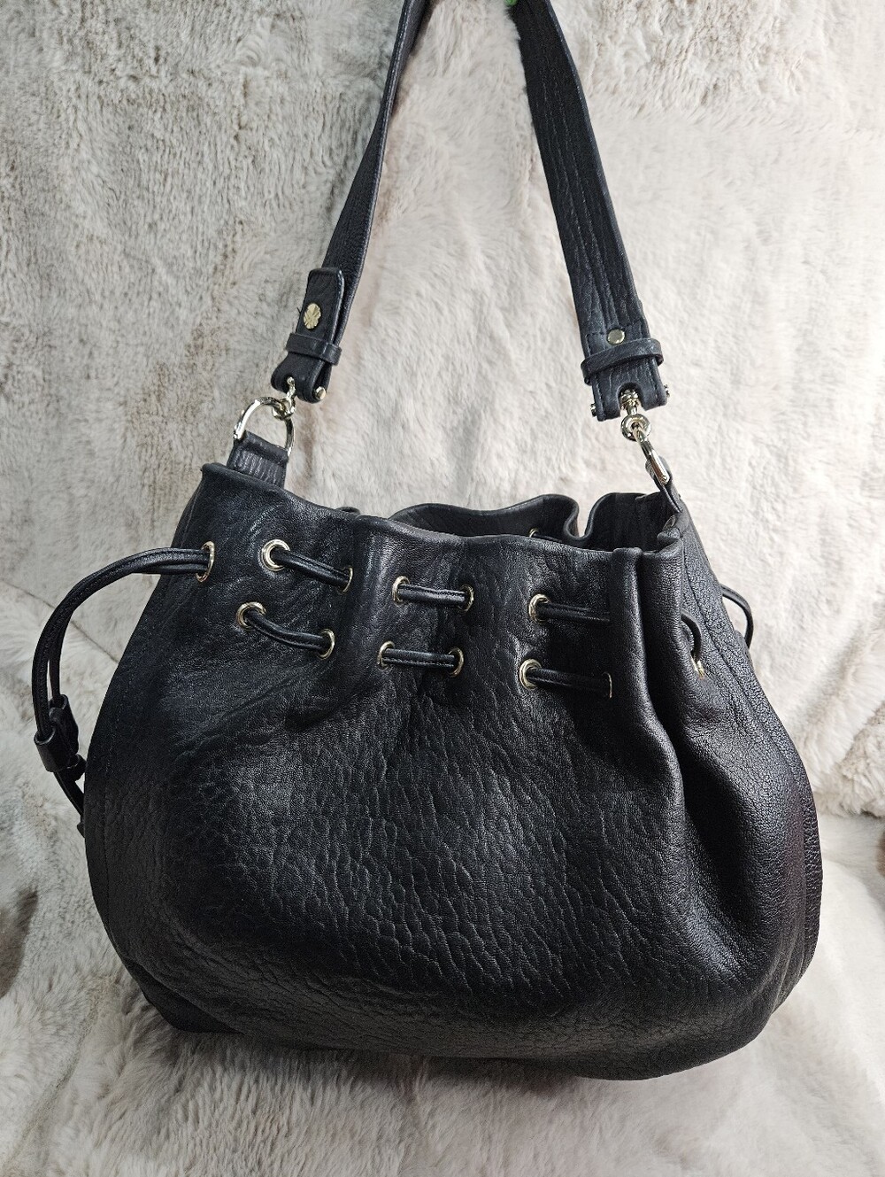 Vintage DAKS Private Collection Premium Black Pebbled Leather  Drawstring Tote